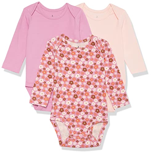 Amazon Essentials Unisex Baby Langärmliger Body aus Baumwoll-Stretchjersey (zuvor Amazon Aware), 3er-Pack, Blasser Pfirsich/Kräftiges Rosa/Floral, 3-6 Monate von Amazon Essentials