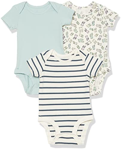 Amazon Essentials Unisex Baby Kurzärmliger Body aus Baumwoll-Stretchjersey (zuvor Amazon Aware), 3er-Pack, Beige Kaninchen/Marineblau Streifen/Staubblau, 0 Monate von Amazon Essentials