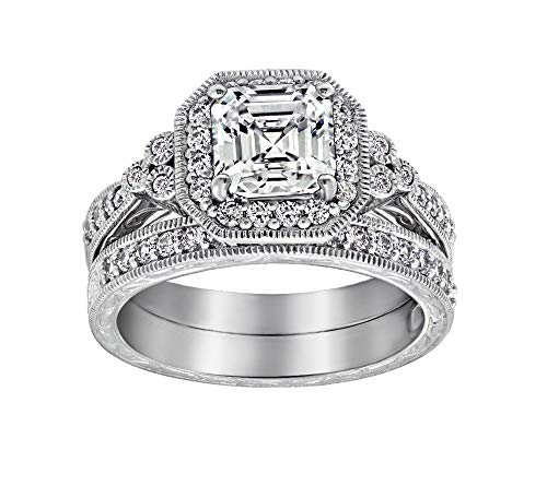 Amazon Collection Platinum-Plated Sterling Silver Antique Ring set with Asscher-Cut Infinite Elements Cubic Zirconia, Size 8 von Amazon Essentials