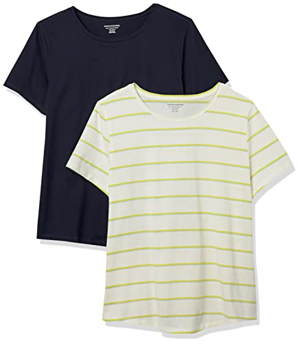 Amazon Essentials Damen Kurzärmeliges T-Shirt Aus 100% Baumwolle Mit Rundhalsausschnitt, Klassischer Schnitt (Erhältlich In Übergröße), 2er-Pack, Beige Früchte/Dunkelgrün/Streifen, S von Amazon Essentials