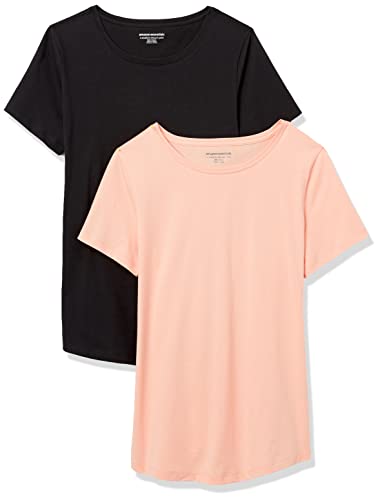 Amazon Essentials Damen Kurzärmeliges T-Shirt Aus 100% Baumwolle Mit Rundhalsausschnitt, Klassischer Schnitt (Erhältlich In Übergröße), 2er-Pack, Schwarz/Korallenrosa, S von Amazon Essentials