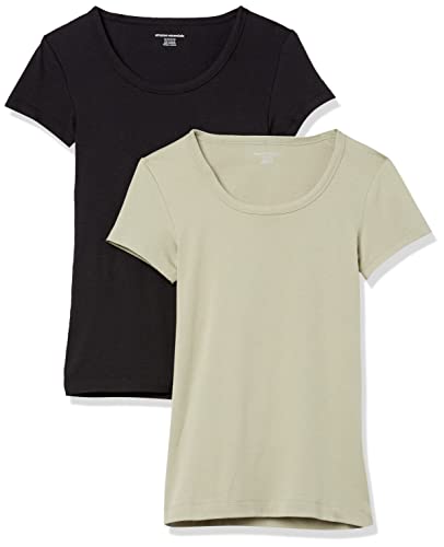 Amazon Essentials Damen T-Shirt mit Flügelärmeln und U-Ausschnitt in schmaler Passform, 2er-Pack, Schwarz/Salbeigrün, XS von Amazon Essentials
