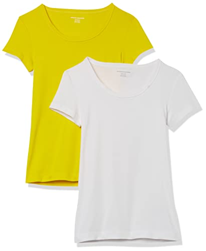 Amazon Essentials Damen T-Shirt mit Flügelärmeln und U-Ausschnitt in schmaler Passform, 2er-Pack, Weiß/Zitronengelb, XL von Amazon Essentials