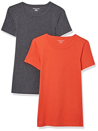 Amazon Essentials Damen Kurzärmeliges T-Shirt mit Rundhalsausschnitt, Schmale Passform, 2er-Pack, Dunkelgrau Meliert/Tomatenrot, XS von Amazon Essentials