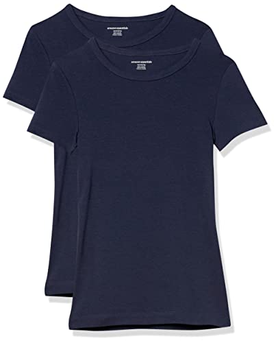 Amazon Essentials Damen Kurzärmeliges T-Shirt mit Rundhalsausschnitt, Schmale Passform, 2er-Pack, Marineblau, XS von Amazon Essentials