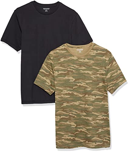 Amazon Essentials Herren Kurzärmeliges T-Shirt mit Rundhalsausschnitt, Schmale Passform, 2er-Pack, Grün Military Muster/Schwarz, M von Amazon Essentials