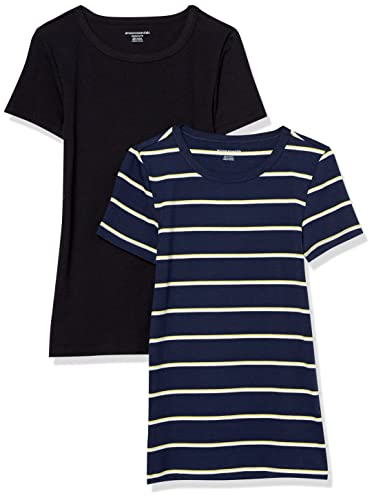 Amazon Essentials Damen Kurzärmeliges T-Shirt mit Rundhalsausschnitt, Schmale Passform, 2er-Pack, Marineblau Querstreifen/Schwarz, S von Amazon Essentials