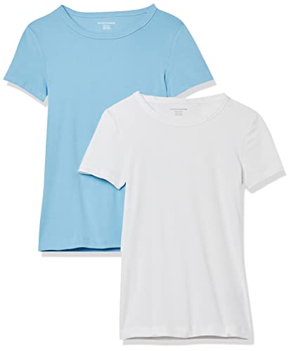 Amazon Essentials Damen Kurzärmeliges T-Shirt mit Rundhalsausschnitt, Schmale Passform, 2er-Pack, Weiß/Hellblau, XS von Amazon Essentials