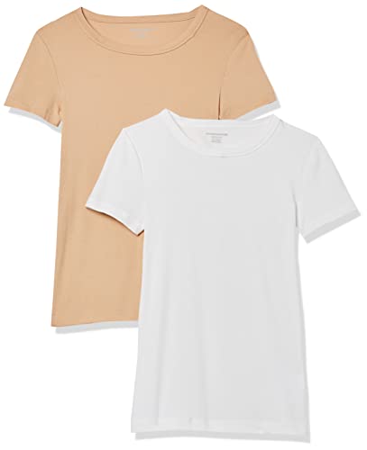 Amazon Essentials Damen Kurzärmeliges T-Shirt mit Rundhalsausschnitt, Schmale Passform, 2er-Pack, Weiß/Helles Kamelbraun, S Amazon Essentials Damen Kurzärmeliges T-Shirt mit Rundhalsausschnitt, Schmale Passform, 2er-Pack, Weiß/Helles Kamelbraun, S von Amazon Essentials
