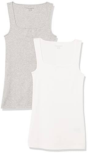 Amazon Essentials Damen Tanktop mit schmaler Passform und quadratischem Ausschnitt, 2er-Pack, Weiß/Hellgrau Meliert, XL von Amazon Essentials