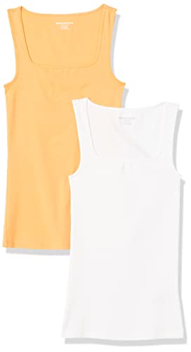 Amazon Essentials Damen Tanktop mit schmaler Passform und quadratischem Ausschnitt, 2er-Pack, Weiß/Melonenorange, S von Amazon Essentials