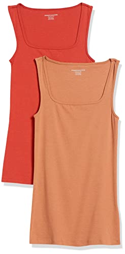 Amazon Essentials Damen Tanktop mit schmaler Passform und quadratischem Ausschnitt, 2er-Pack, Ziegelrot/Helles Karamell, XS von Amazon Essentials