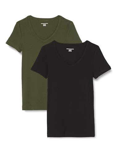Amazon Essentials Damen Kurzärmeliges T-Shirt mit V-Ausschnitt, Schmale Passform, 2er-Pack, Dunkles Olivgrün/Schwarz, S von Amazon Essentials
