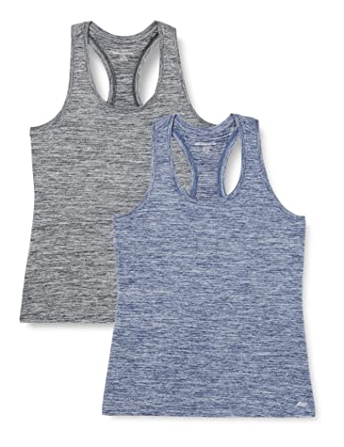 Amazon Essentials Damen Tech Stretch Racerback-Tanktop (Erhältlich In Übergröße), 2er-Pack, Schwarz Heide/Marineblau Heidekraut, XS von Amazon Essentials