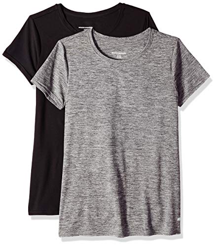 Amazon Essentials Damen Active Quick Dry Tech Stretch Kurzarm-T-Shirt mit Rundhalsausschnitt (in Übergröße erhältlich), 2er-Pack, Kohlegrau Space-dye/Schwarz, M von Amazon Essentials