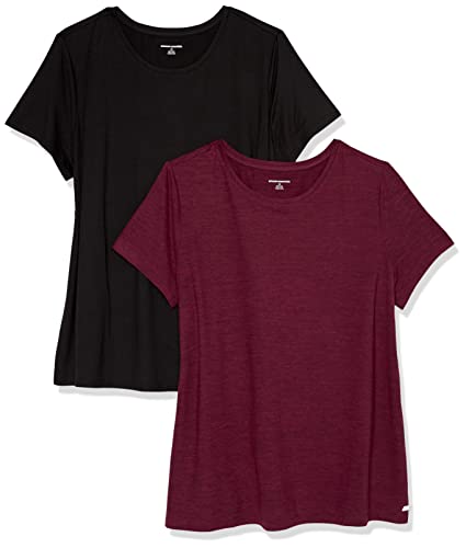 Amazon Essentials Damen Kurzärmliges Tech-Stretch-T-Shirt mit Rundhalsausschnitt (in Übergröße erhältlich), 2er-Pack, Burgunderrot Space-dye/Schwarz, XS von Amazon Essentials
