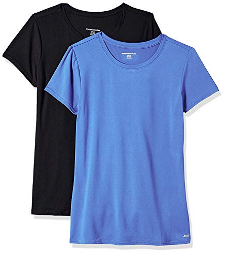 Amazon Essentials Damen Kurzärmliges Tech-Stretch-T-Shirt mit Rundhalsausschnitt (in Übergröße erhältlich), 2er-Pack, Kräftiges Blau/Schwarz, S von Amazon Essentials