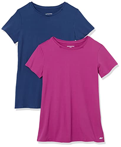 Amazon Essentials Damen Kurzärmliges Tech-Stretch-T-Shirt mit Rundhalsausschnitt (in Übergröße erhältlich), 2er-Pack, Blau/Orchideenviolett, S von Amazon Essentials