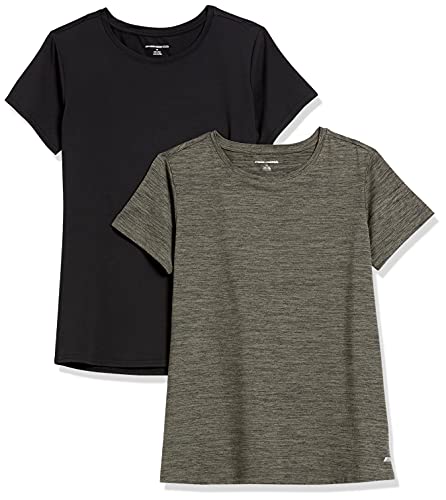 Amazon Essentials Damen Active Quick Dry Tech Stretch Kurzarm-T-Shirt mit Rundhalsausschnitt (in Übergröße erhältlich), 2er-Pack, Olivgrüner Weltraumfarbstoff/Schwarz, M von Amazon Essentials