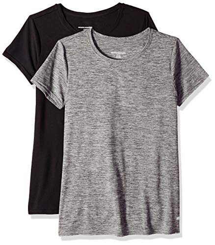 Amazon Essentials Damen Kurzärmliges Tech-Stretch-T-Shirt mit Rundhalsausschnitt (in Übergröße erhältlich), 2er-Pack, Kohlegrau Space-dye/Schwarz, S von Amazon Essentials