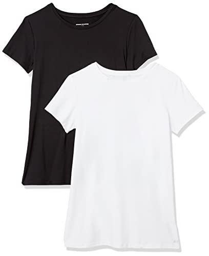 Amazon Essentials Damen Active Quick Dry Tech Stretch Kurzarm-T-Shirt mit Rundhalsausschnitt (in Übergröße erhältlich), 2er-Pack, Schwarz/Weiß, L von Amazon Essentials