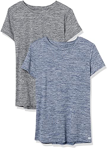 Amazon Essentials Damen Kurzärmliges Tech-Stretch-T-Shirt mit Rundhalsausschnitt (in Übergröße erhältlich), 2er-Pack, Marineblau Heidekraut/Schwarz Heide, L von Amazon Essentials