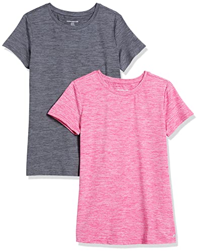 Amazon Essentials Damen Kurzärmliges Tech-Stretch-T-Shirt mit Rundhalsausschnitt (in Übergröße erhältlich), 2er-Pack, Himbeere Space-dye/Kohlegrau Space-dye, L von Amazon Essentials