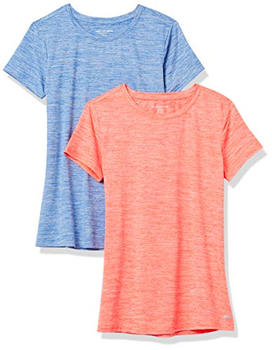 Amazon Essentials Damen Kurzärmliges Tech-Stretch-T-Shirt mit Rundhalsausschnitt (in Übergröße erhältlich), 2er-Pack, Hellblau Space-dye/Korallenorange Space-dye, S von Amazon Essentials