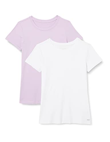 Amazon Essentials Damen Kurzärmliges Tech-Stretch-T-Shirt mit Rundhalsausschnitt (in Übergröße erhältlich), 2er-Pack, Grellweiß/Lila, S von Amazon Essentials