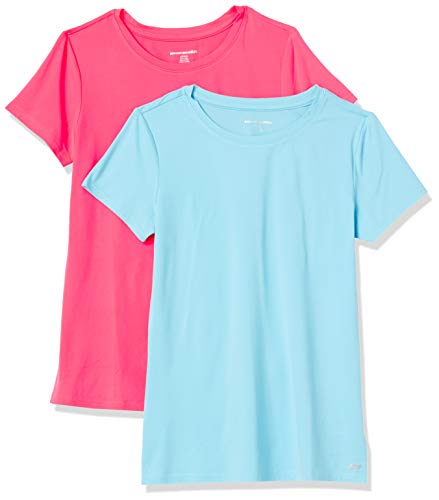 Amazon Essentials Damen Kurzärmliges Tech-Stretch-T-Shirt mit Rundhalsausschnitt (in Übergröße erhältlich), 2er-Pack, Blau/Neonrosa, XS von Amazon Essentials