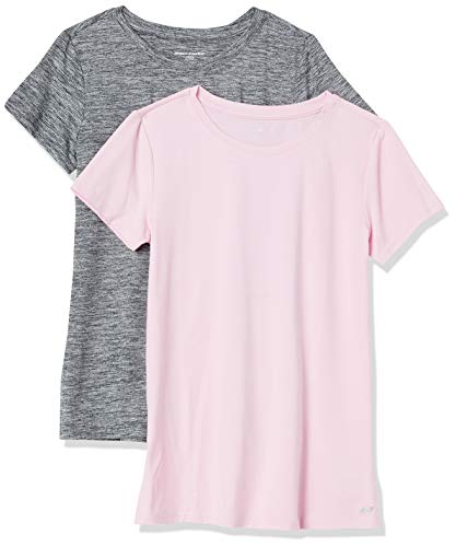 Amazon Essentials Damen Active Quick Dry Tech Stretch Kurzarm-T-Shirt mit Rundhalsausschnitt (in Übergröße erhältlich), 2er-Pack, Grau Space-dye/Hellrosa, L von Amazon Essentials