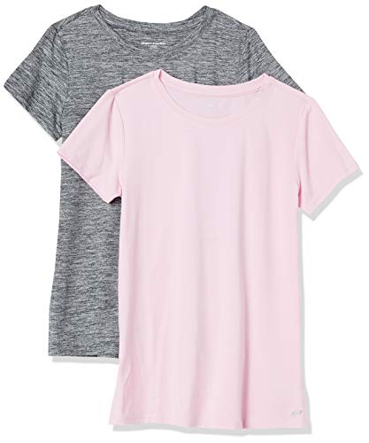 Amazon Essentials Damen Kurzärmliges Tech-Stretch-T-Shirt mit Rundhalsausschnitt (in Übergröße erhältlich), 2er-Pack, Grau Space-dye/Hellrosa, S von Amazon Essentials