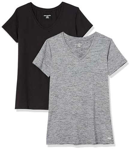 Amazon Essentials Damen Active Quick Dry Tech Stretch Kurzarm-T-Shirt mit V-Ausschnitt (in Übergröße erhältlich), 2er-Pack, Kohlegrau Space-dye/Schwarz, XL von Amazon Essentials
