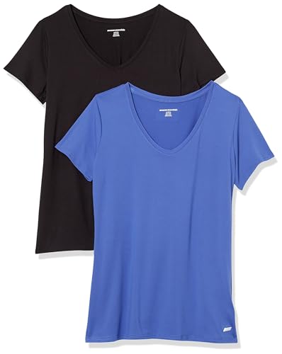 Amazon Essentials Damen Active Quick Dry Tech Stretch Kurzarm-T-Shirt mit V-Ausschnitt (in Übergröße erhältlich), 2er-Pack, Kräftiges Blau/Schwarz, M von Amazon Essentials