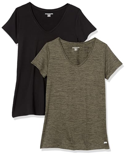 Amazon Essentials Damen Tech-Stretch-T-Shirt mit kurzen Ärmeln und V-Ausschnitt (erhältlich in Übergröße), 2er-Pack, Olivgrün Space-dye/Schwarz, M von Amazon Essentials