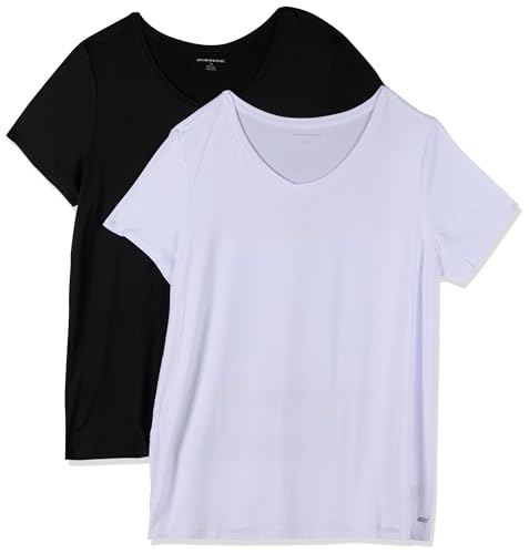 Amazon Essentials Damen Tech-Stretch-T-Shirt mit kurzen Ärmeln und V-Ausschnitt (erhältlich in Übergröße), 2er-Pack, Schwarz/Weiß, XS von Amazon Essentials