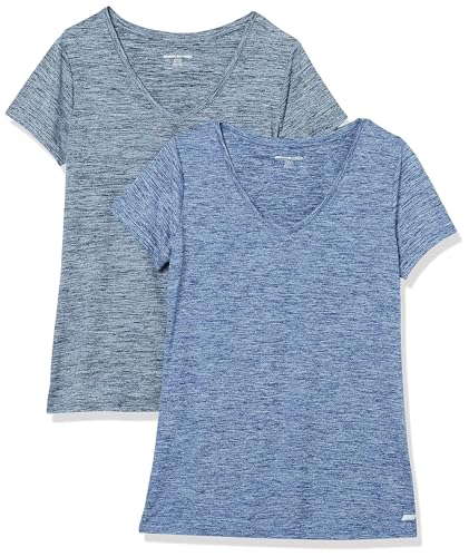 Amazon Essentials Damen Tech-Stretch-T-Shirt mit kurzen Ärmeln und V-Ausschnitt (erhältlich in Übergröße), 2er-Pack, Marineblau Heidekraut/Schwarz Heide, XL von Amazon Essentials