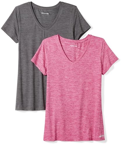 Amazon Essentials Damen Tech-Stretch-T-Shirt mit kurzen Ärmeln und V-Ausschnitt (erhältlich in Übergröße), 2er-Pack, Himbeerrot Space-dye/Kohlegrau Meliert Space-dye, S von Amazon Essentials