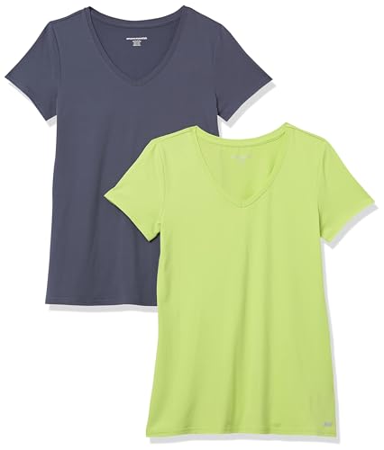 Amazon Essentials Damen Active Quick Dry Tech Stretch Kurzarm-T-Shirt mit V-Ausschnitt (in Übergröße erhältlich), 2er-Pack, Lindgrün/Schiefergrau, M von Amazon Essentials