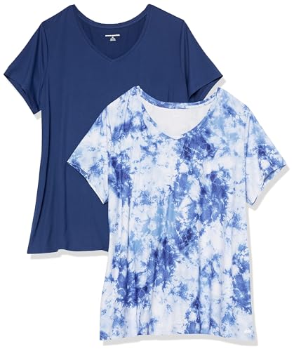 Amazon Essentials Damen Tech-Stretch-T-Shirt mit kurzen Ärmeln und V-Ausschnitt (erhältlich in Übergröße), 2er-Pack, Marineblau/Weiß Batik, M von Amazon Essentials