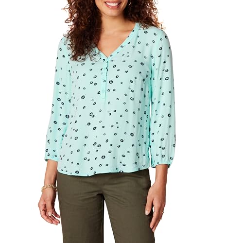 Amazon Essentials Damen Popover-Hemd mit 3/4-Ärmeln und Knöpfen, Aquablau Mohnblume, L von Amazon Essentials