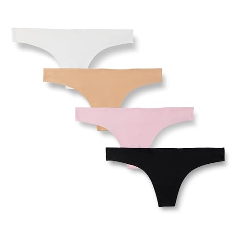 Amazon Essentials Damen Nahtlose Atmungsaktive Unterwäsche Für Damen Tanga, Gebondeter Stretch, 4er-Pack, Hellrosa/Kamelbraun/Schwarz/Weiß, 42 von Amazon Essentials