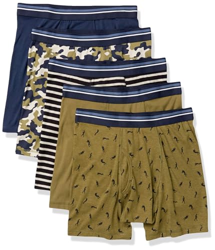 Amazon Essentials Herren Boxershorts Unterwäsche, Bequeme Baumwolle, Ohne Etikett, 5er-Pack, Armeegrün/Dunkelblau/Krieger/Schwarz Weiß Streifen/Tarnmuster, M von Amazon Essentials