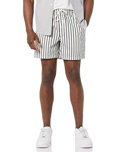 Amazon Essentials Herren Shorts mit Kordelzug und 15 cm Innenbeinlänge, Grün Rosa Vertikale Streifen, M von Amazon Essentials