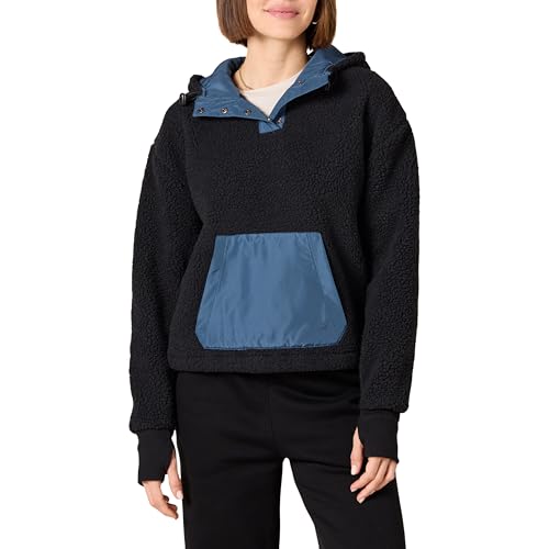 Amazon Essentials Damen Teddy-Fleece-Jacke mit Viertel-Knopfleiste und Kapuze, Schwarz, S von Amazon Essentials