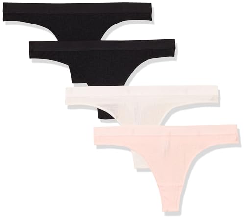 Amazon Essentials Damen Tanga-Unterwäsche gerippte Baumwolle, 4er-Pack, Blassrosa/Grellweiß/Schwarz, 38 von Amazon Essentials