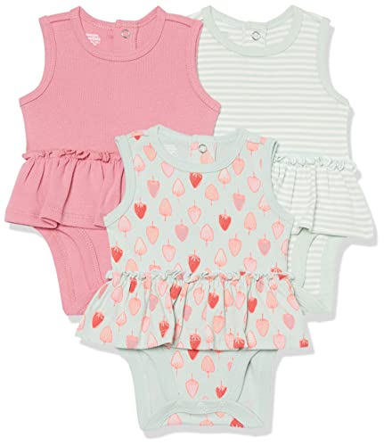 Amazon Essentials Baby Mädchen Ärmellose Bodysuit-Kleider, 3er-Pack, Grau Streifen/Rosa/Strawberries, 3-6 Monate von Amazon Essentials