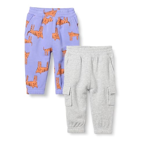 Amazon Essentials Baby Jungen Cargo-Jogginghose, 2er-Pack, Grau Meliert/Purpur Tiger, 24 Monate von Amazon Essentials