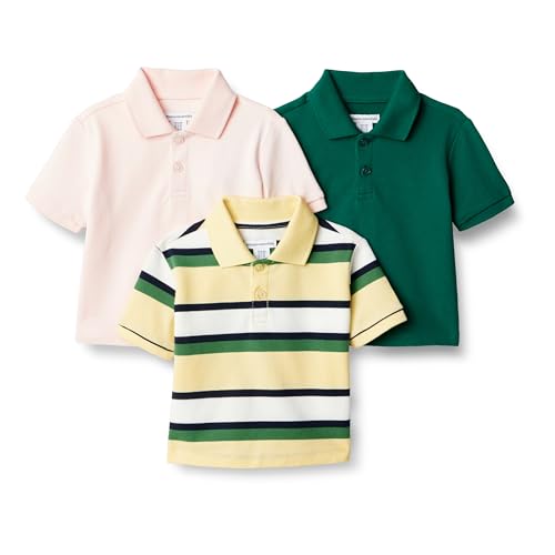 Amazon Essentials Baby Jungen Poloshirt aus Baumwoll-Stretch, 3er-Pack, Dunkelgrün/Blassrosa/Blockstreifen, 18 Monate von Amazon Essentials