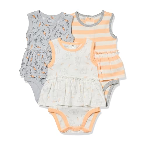 Amazon Essentials Baby Mädchen Ärmellose Bodysuit-Kleider, 3er-Pack, Grau Carrots/Hellorange Rugby-Streifen/Weiß Kaninchen, 0-3 Monate von Amazon Essentials